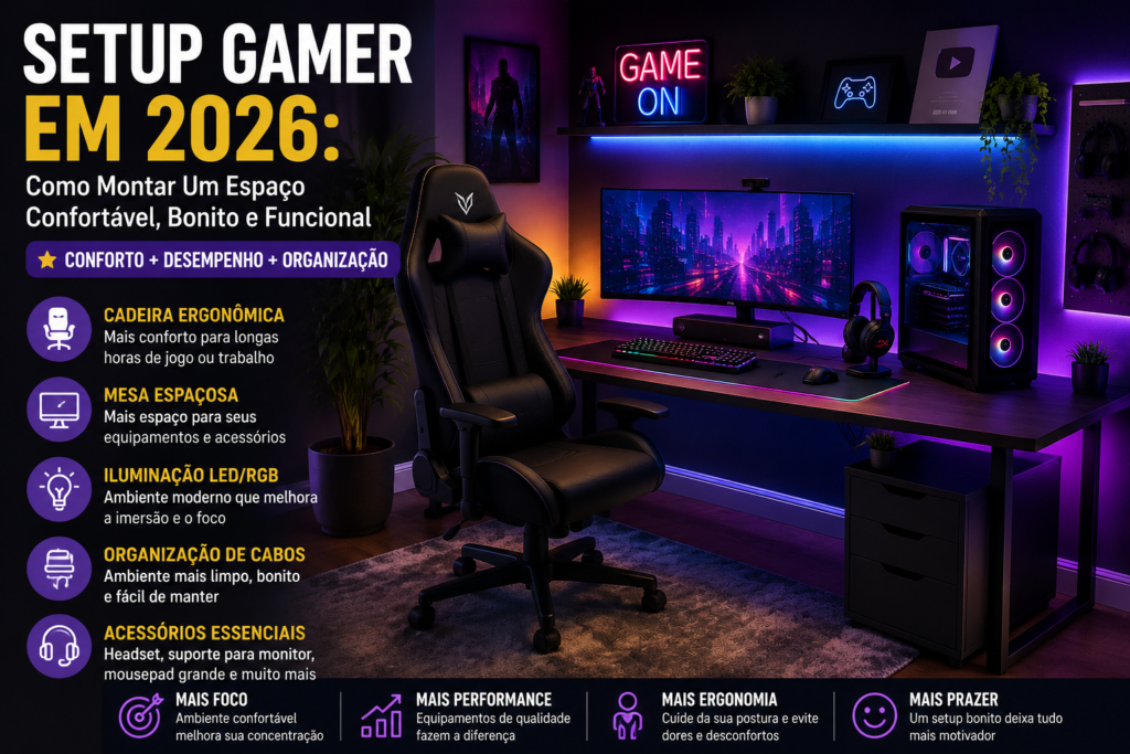 Setup Gamer em 2026: Como Montar Um Espaço Confortável, Bonito e Funcional
