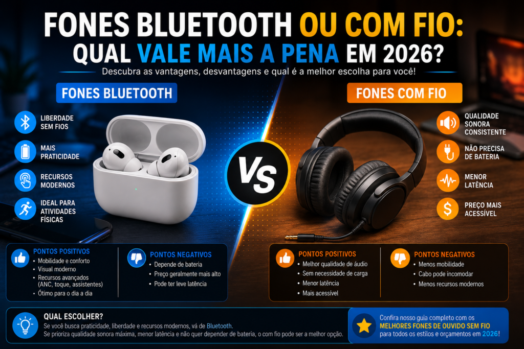 Fones Bluetooth ou Com Fio: Qual Vale Mais a Pena em 2026?