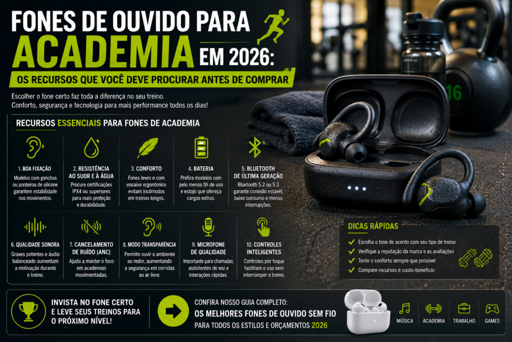 Fones de Ouvido Para Academia em 2026: Os Recursos Que Você Deve Procurar Antes de Comprar