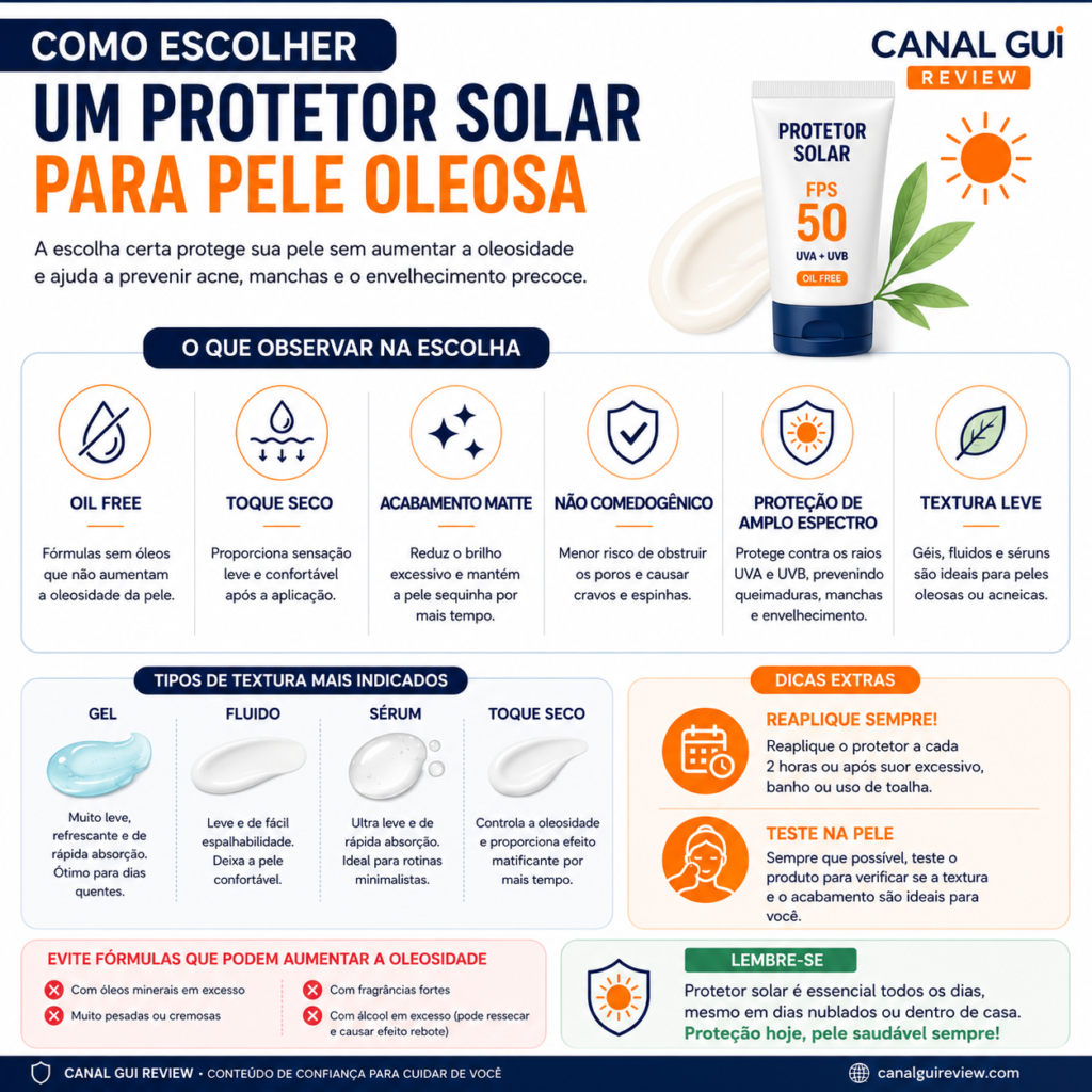 Infográfico mostrando como escolher um protetor solar para pele oleosa, destacando características como oil free, toque seco, acabamento matte, proteção UVA e UVB e fórmula não comedogênica.