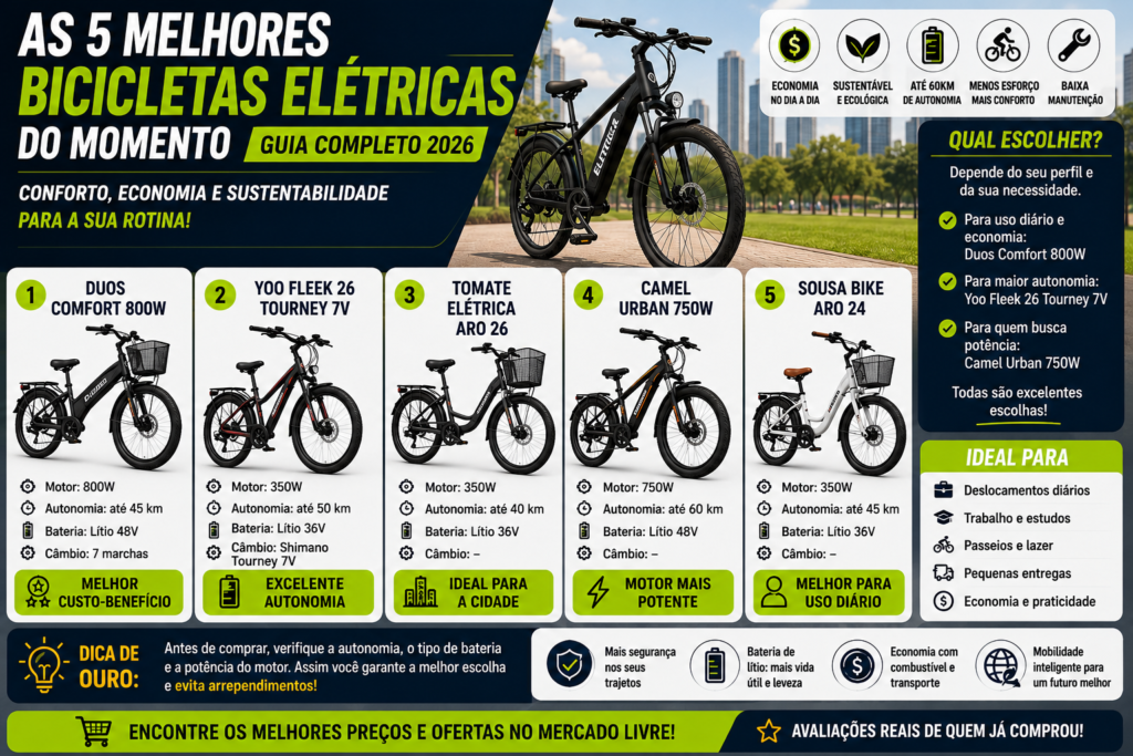 Infográfico comparando as 5 melhores bicicletas elétricas de 2026 com autonomia, potência, bateria e custo-benefício.