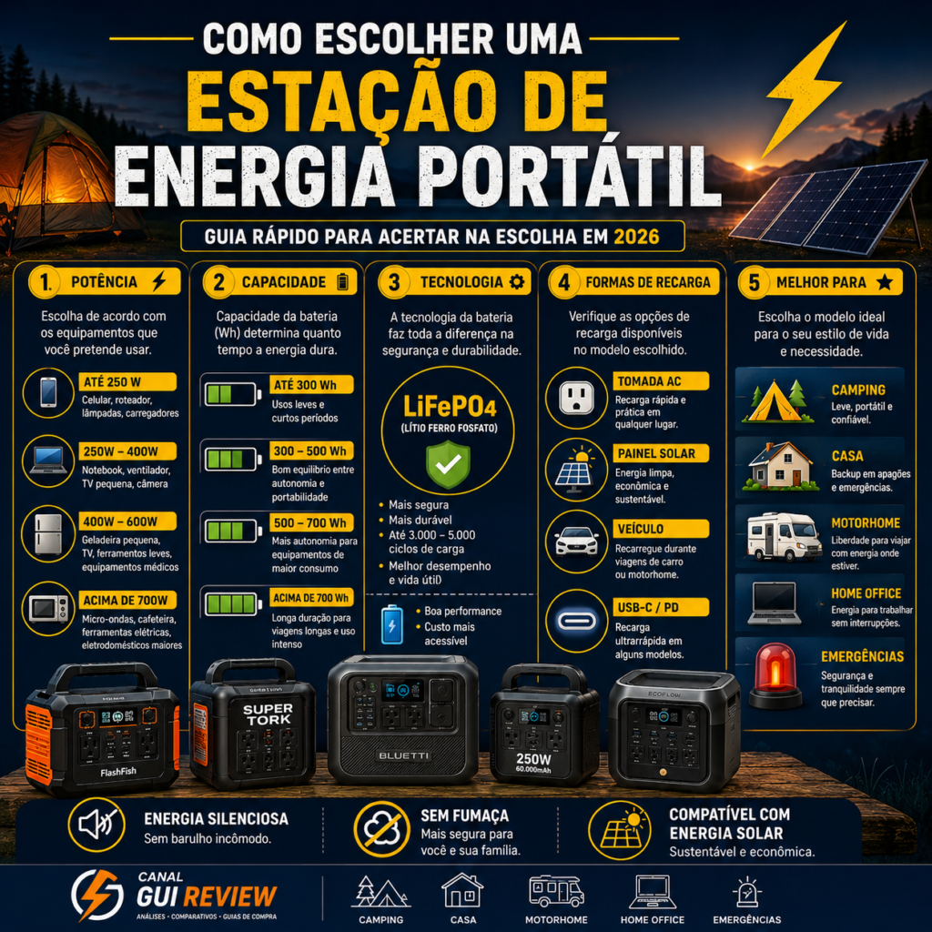 Infográfico mostrando como escolher uma estação de energia portátil com base em potência, capacidade, bateria LiFePO4 e recarga solar.