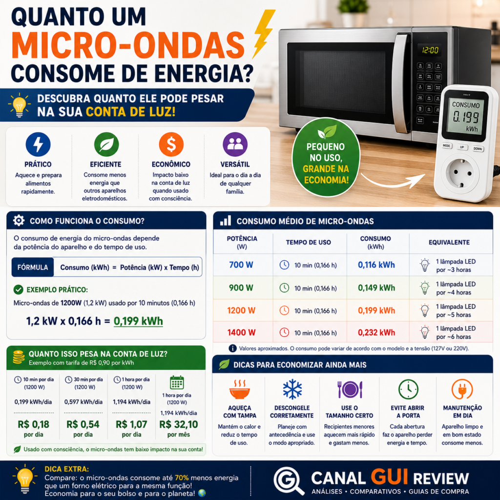 Infográfico mostrando como calcular o consumo de energia de um micro-ondas, com exemplos de potência, consumo em kWh, impacto na conta de luz e dicas para economizar energia.