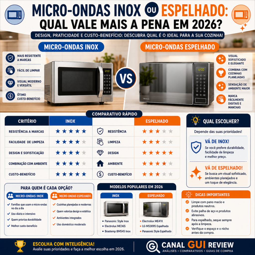 Infográfico comparando micro-ondas inox e micro-ondas espelhado, destacando diferenças de design, facilidade de limpeza, resistência a marcas, custo-benefício e qual modelo é mais indicado para cada perfil de consumidor.