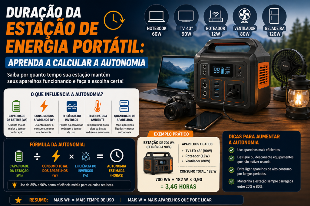 Infográfico sobre a duração de uma estação de energia portátil, com explicação da fórmula para calcular a autonomia, comparação entre potência (W) e capacidade (Wh), fatores que influenciam a duração da bateria, consumo médio de aparelhos como notebook, TV, roteador e ventilador, além de dicas para aumentar a autonomia da estação de energia.