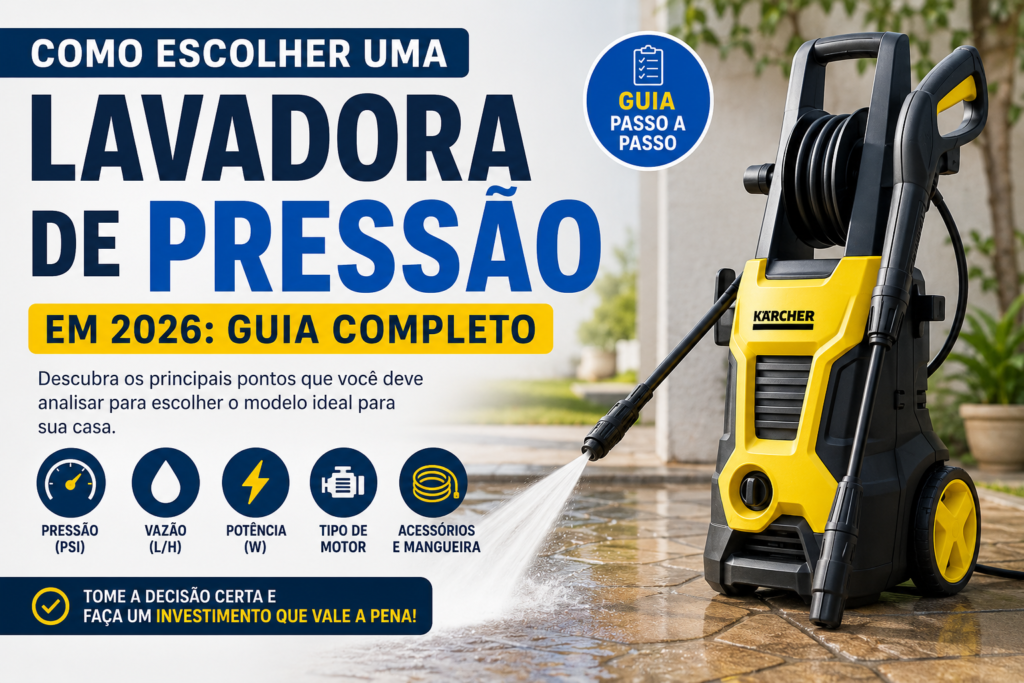 Como escolher uma lavadora de pressão em 2026 com dicas sobre PSI, vazão, potência, motor e acessórios.
