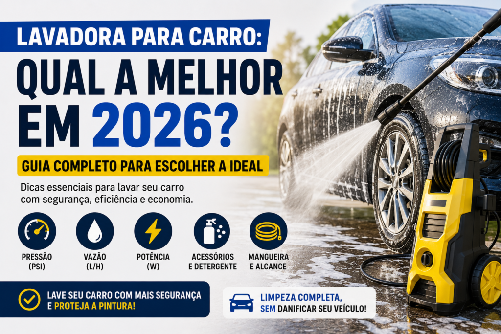 Lavadora para carro em 2026 com dicas de pressão, vazão, potência, acessórios e mangueira para lavagem segura.
