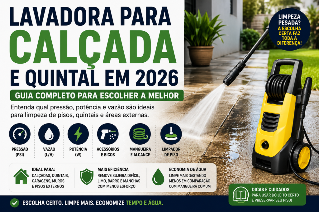 Lavadora para calçada e quintal em 2026 com dicas de pressão, vazão, potência, acessórios e limpeza de pisos externos.