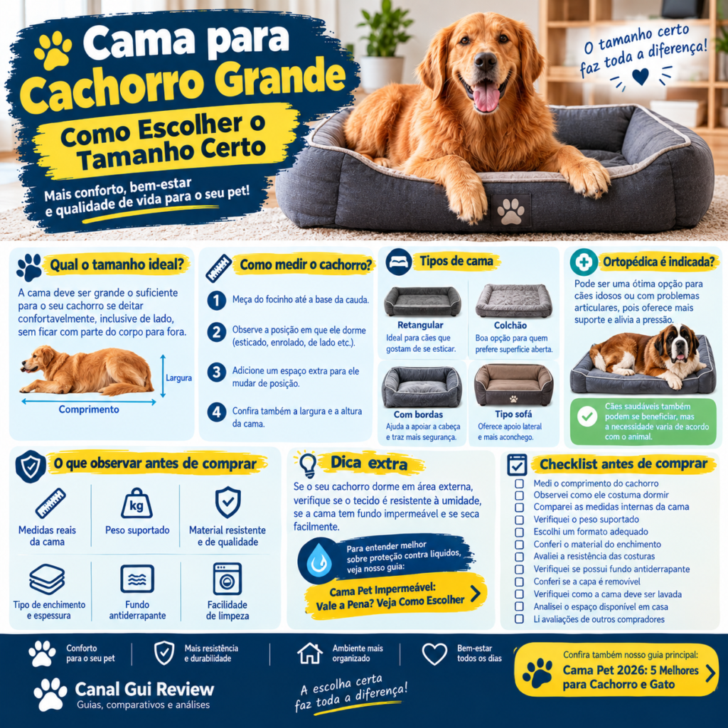 Cama para cachorro grande com dicas para escolher o tamanho, medir o cão e avaliar resistência e conforto
