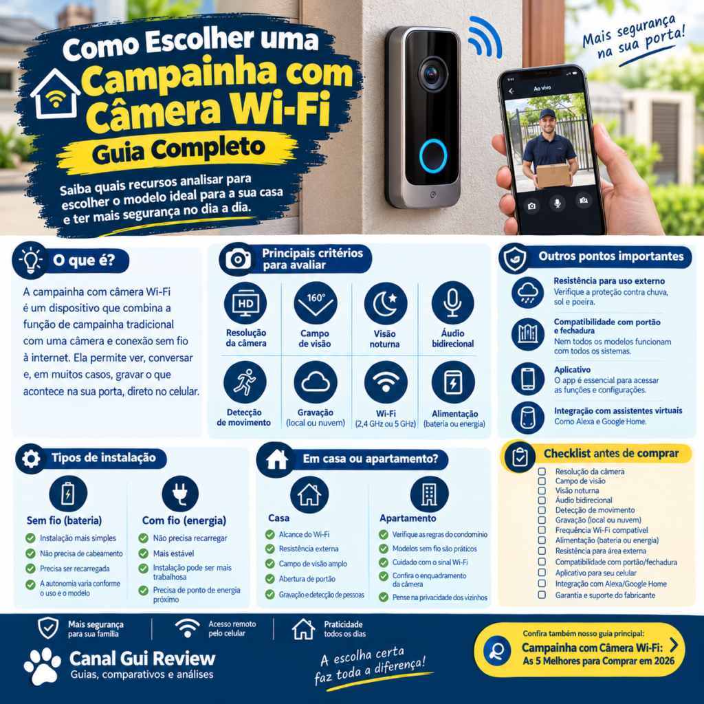 Como escolher campainha com câmera Wi-Fi, com dicas sobre resolução, visão noturna, áudio, gravação, Wi-Fi, instalação e segurança residencial.