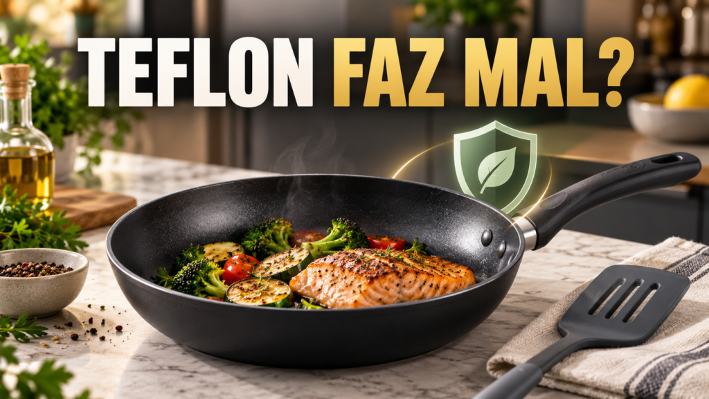 Teflon faz mal? Panela antiaderente com alimentos e símbolo de uso seguro