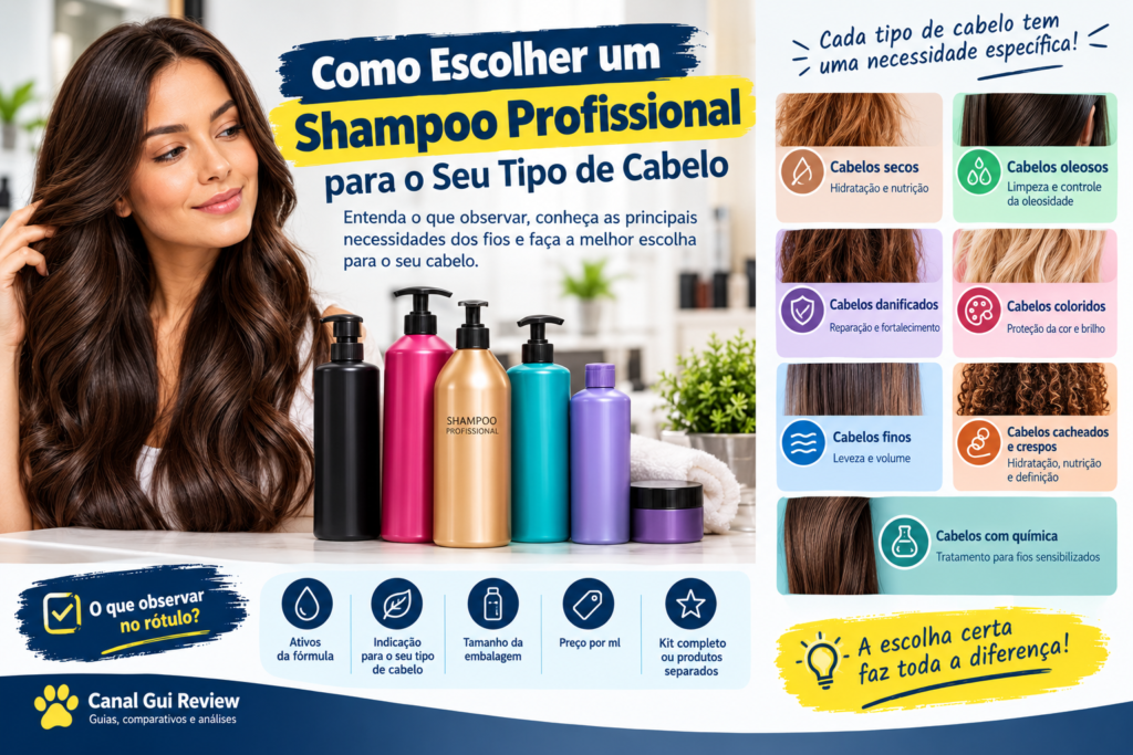 Como escolher um shampoo profissional para diferentes tipos de cabelo, com dicas para cabelos secos, oleosos, danificados, coloridos, finos, cacheados, crespos e com química.