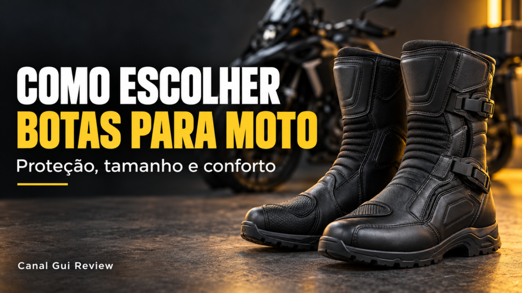 Par de botas pretas para motociclista com moto ao fundo, ilustrando o guia de como escolher botas para moto.
